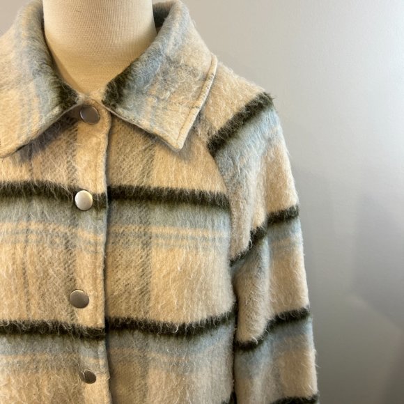 AVEC LES‎ FILLES Brushed Oversize Longline Varsity Coat in Cream Olive Plaid - Picture 4 of 11